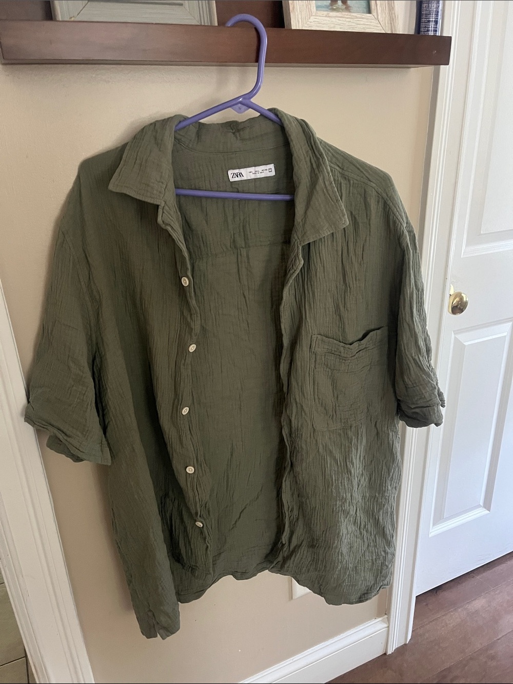 ZARA Olive Green Crinkled Button-Down Shirt